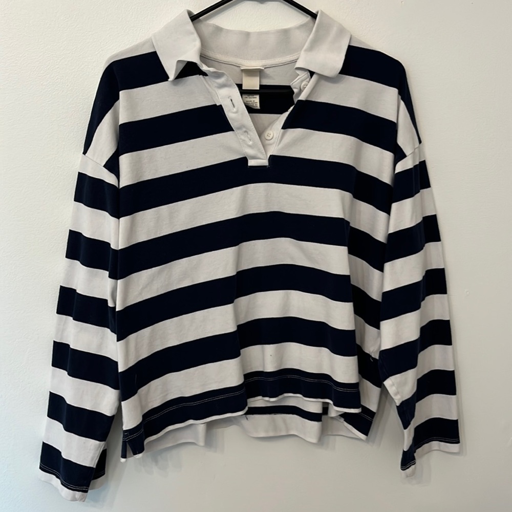 Navy & white striped long sleeve polo